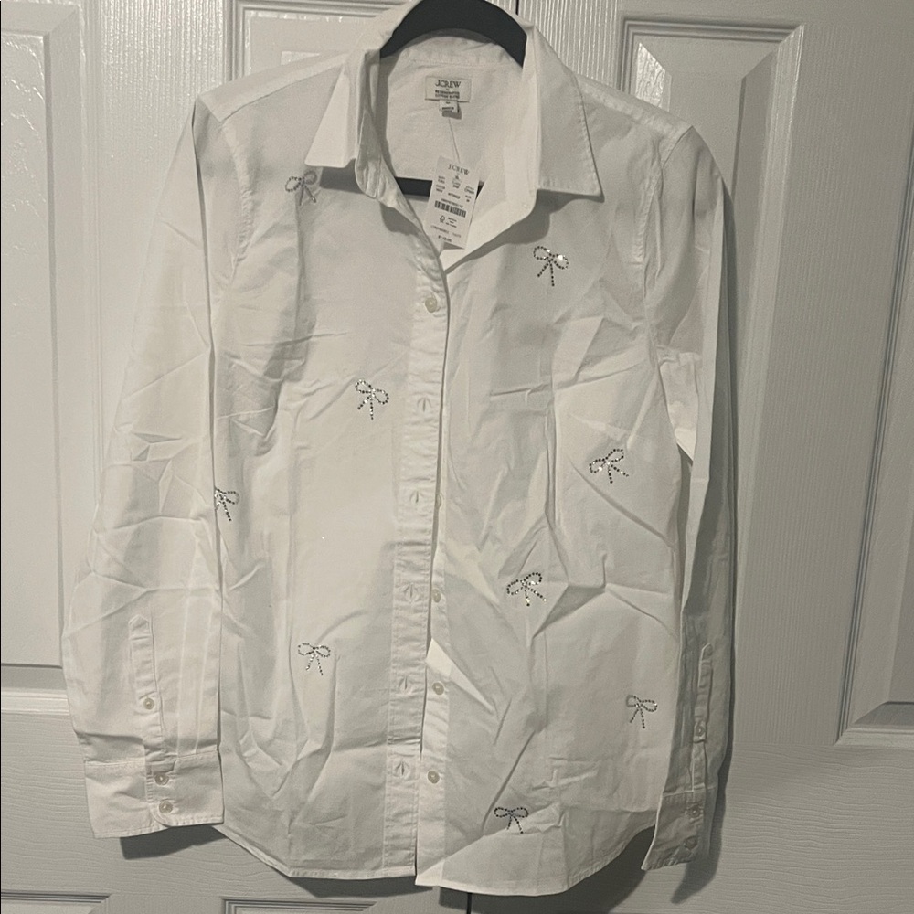 NWT J. Crew White Button Down Shirt with Rhinestone Bow Embellishments Size M